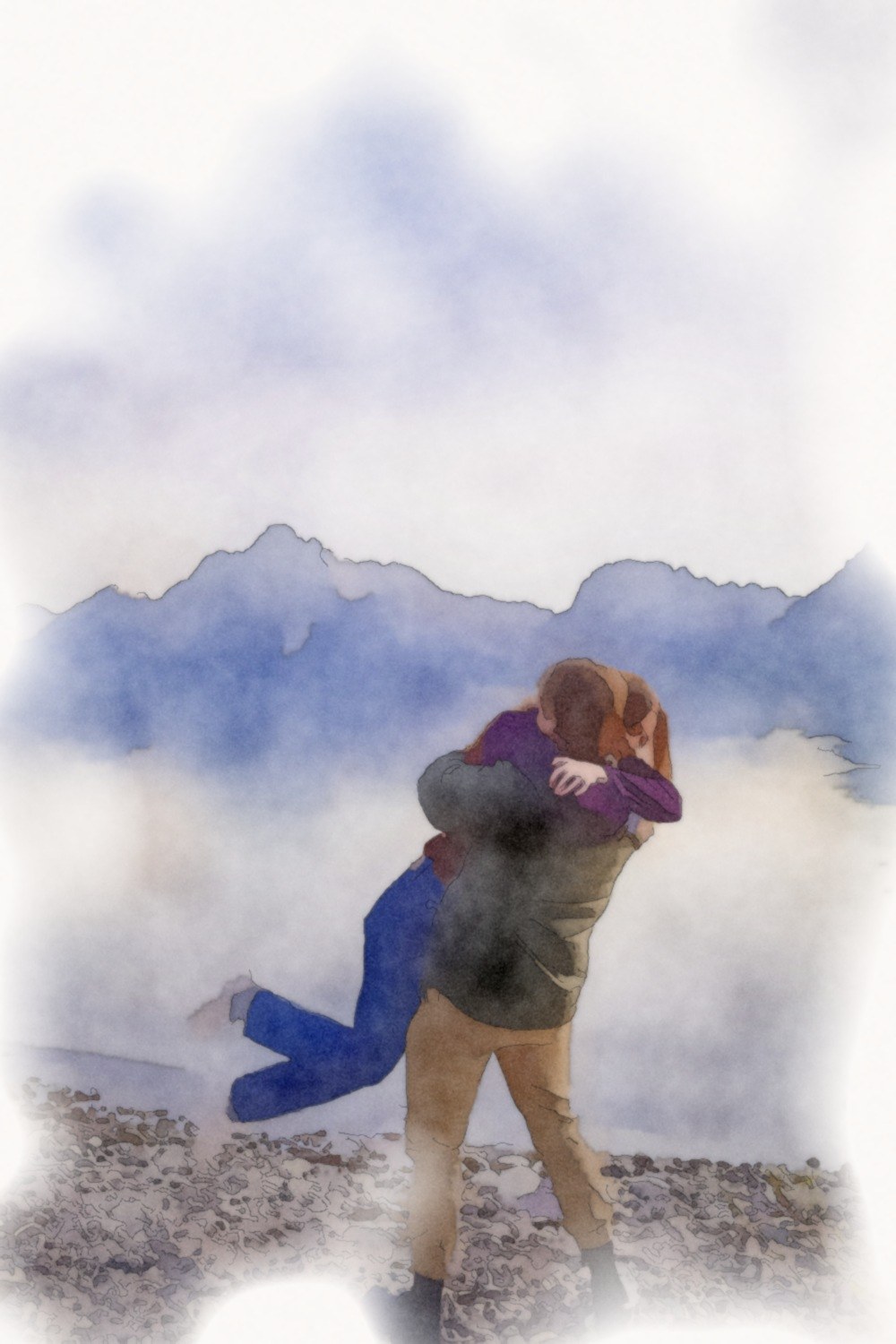 Watercolor of Jen and Ben hugging by a mountain lake